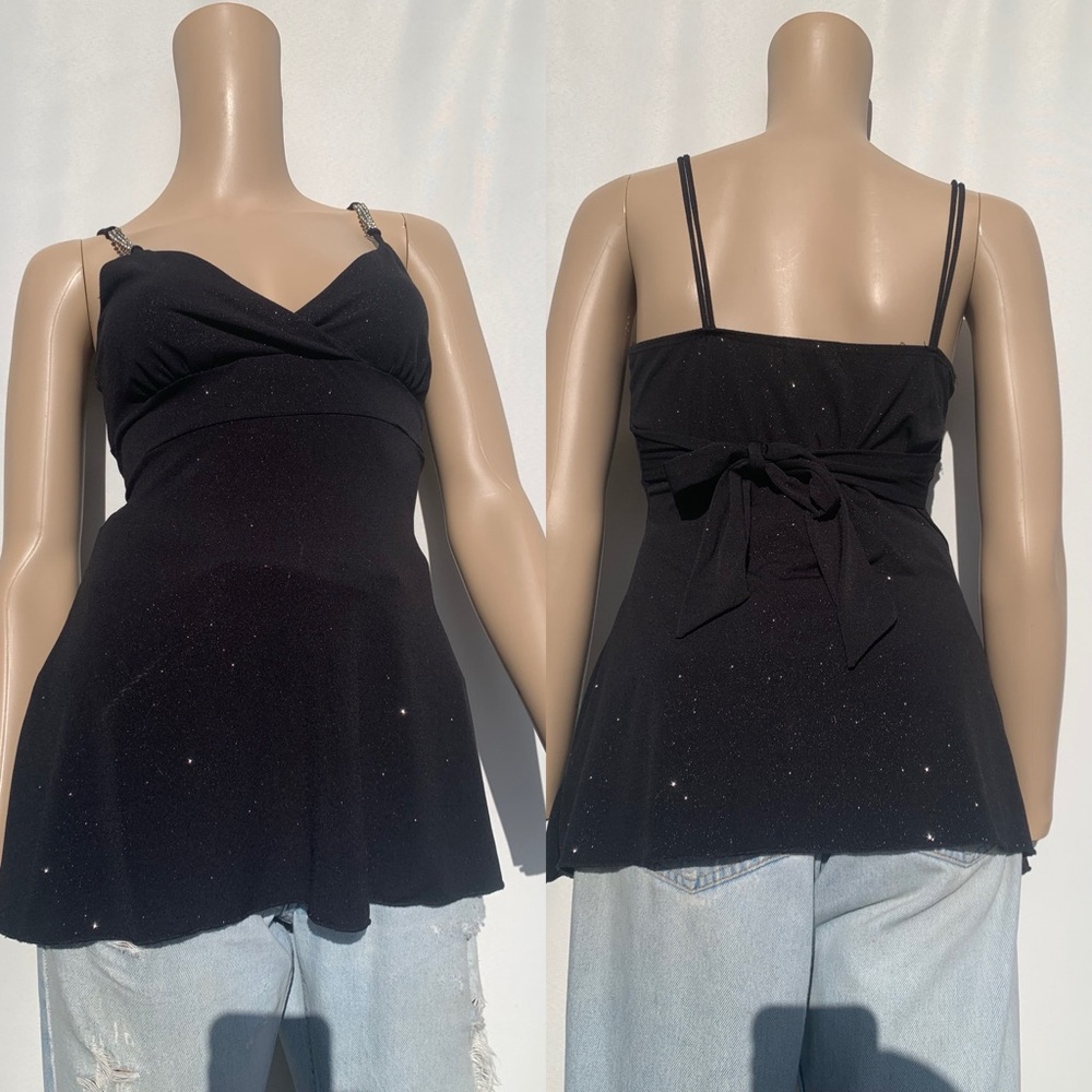 Vintage Y2K black glitter bodycon top w/ rhinestone straps by Reference